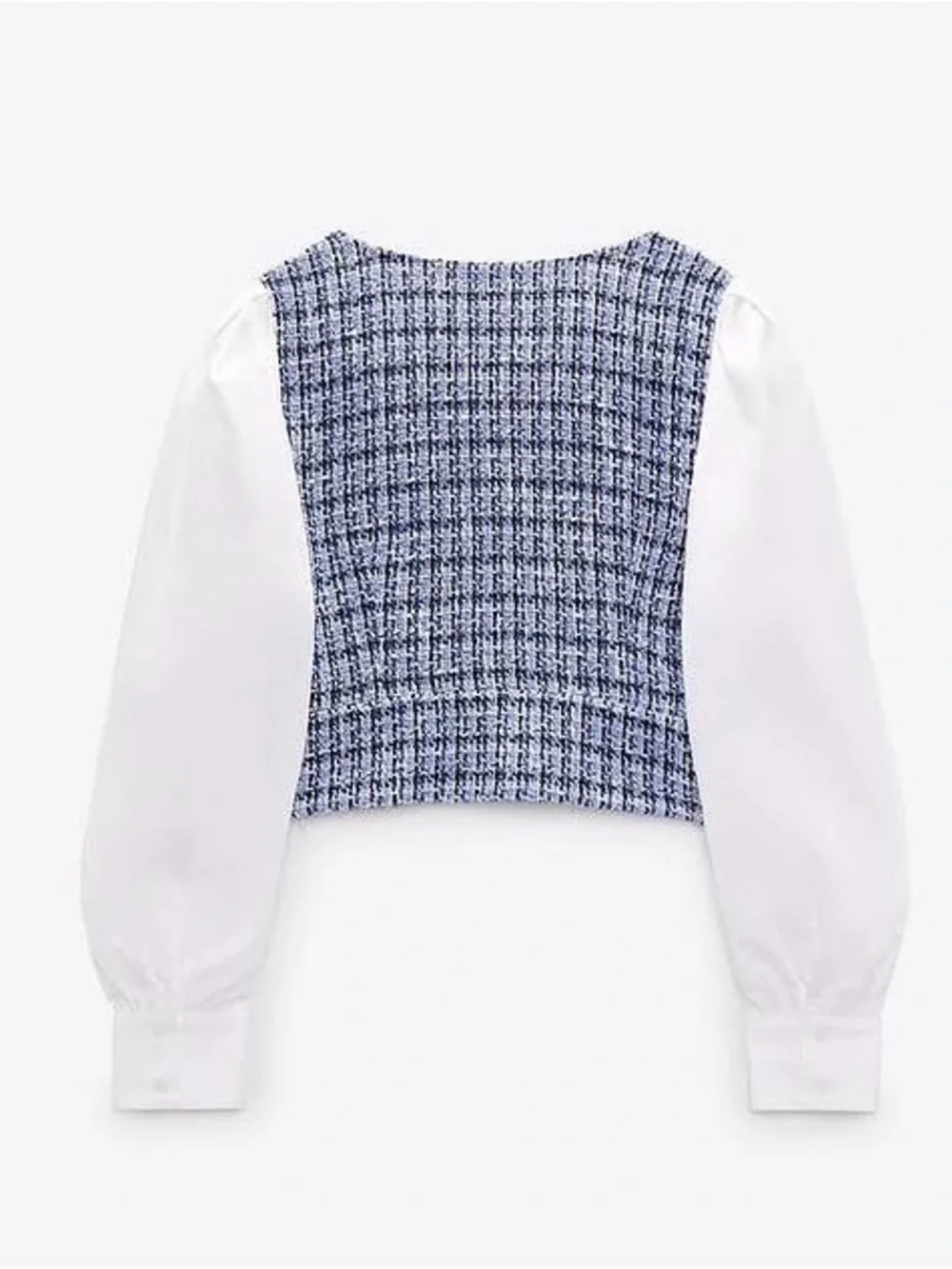 Zara Contrast Textured Tweed Cropped Blouse White Blue